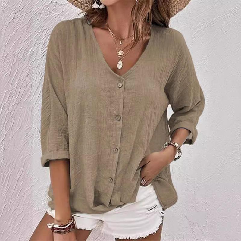 

Летняя повседневная женская рубашка с коротким рукавом и V-образным вырезом больших размеров, модная простая блузка для женщин, однотонные офисные свободные топы, женская одежда 3XL хаки