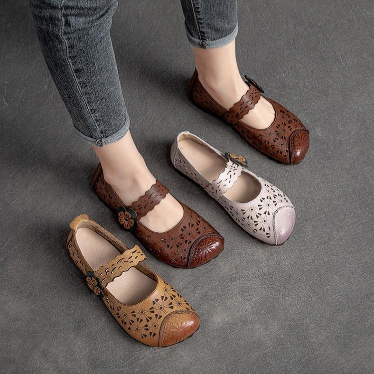 Johnature Duté sandály s plochým dnem z pravé kůže Retro univerzální dámská obuv s měkkou podrážkou