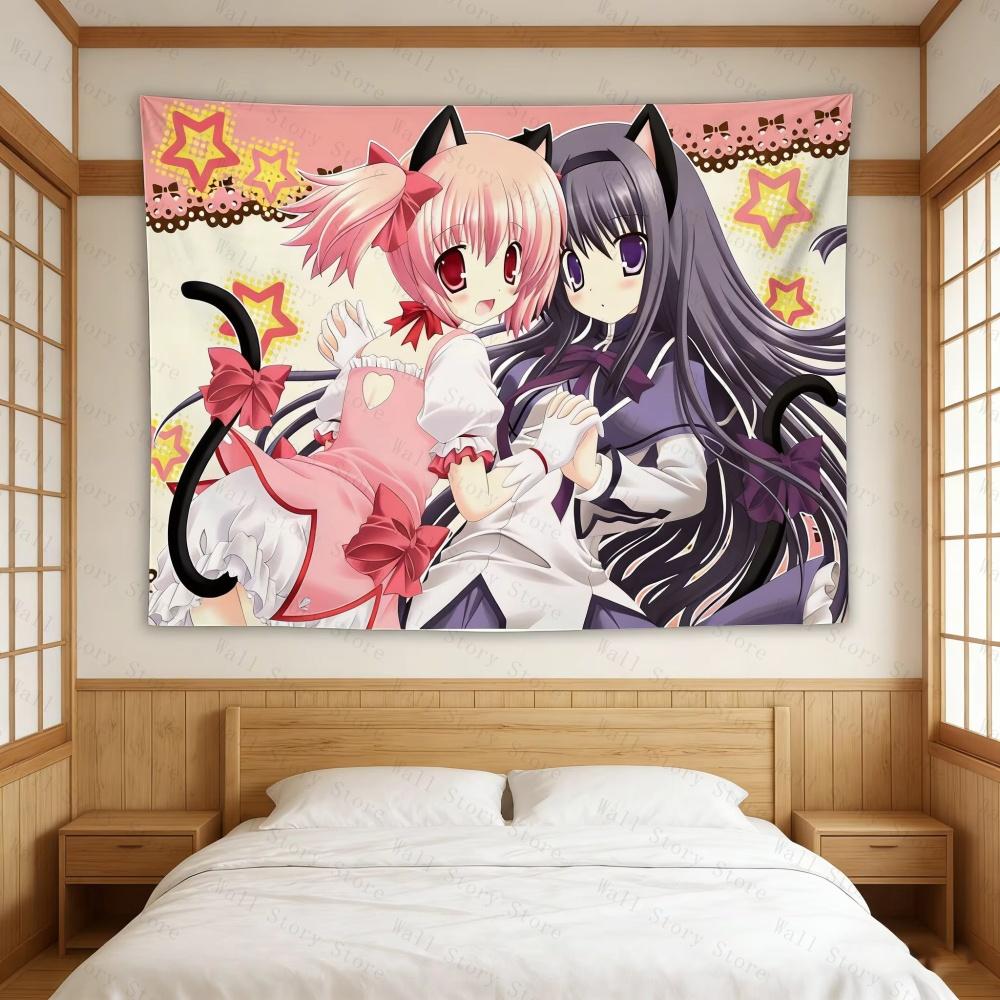Madoka Neko Anime Girls Starry Tapestry Kawaii CatEar Polyester Wall Hanging for Bedroom Tapestry Dorm Anime Decor Tapestry