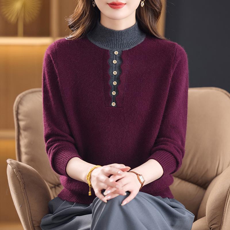 Women's Color Block Plush Wool Sweater with Half-High Collar - Loose, Slimming, Thick Knit Top for Middle-Aged and Elderly Mothers