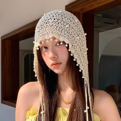 Hollow Out, Pearl Tassel Pendant, Headband Hat, Women's, Summer, Ethnic Style, Knitted Pullover Hat, Retro, Face Enhancing Small Hat