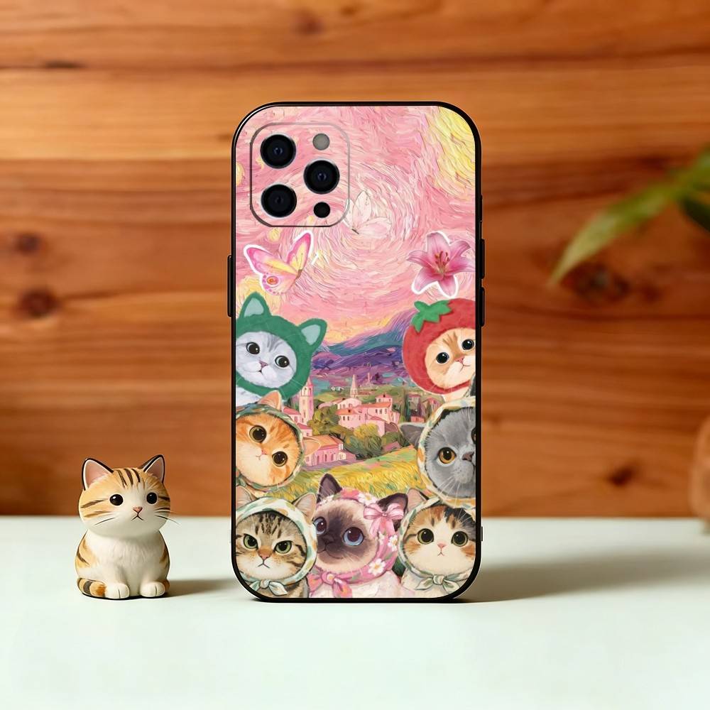 Pink Oil Painting Style Cat Phone Case For iPhone 17, 16,15,14,13,12,11 Plus,Pro Max, Others Soft Black Cover