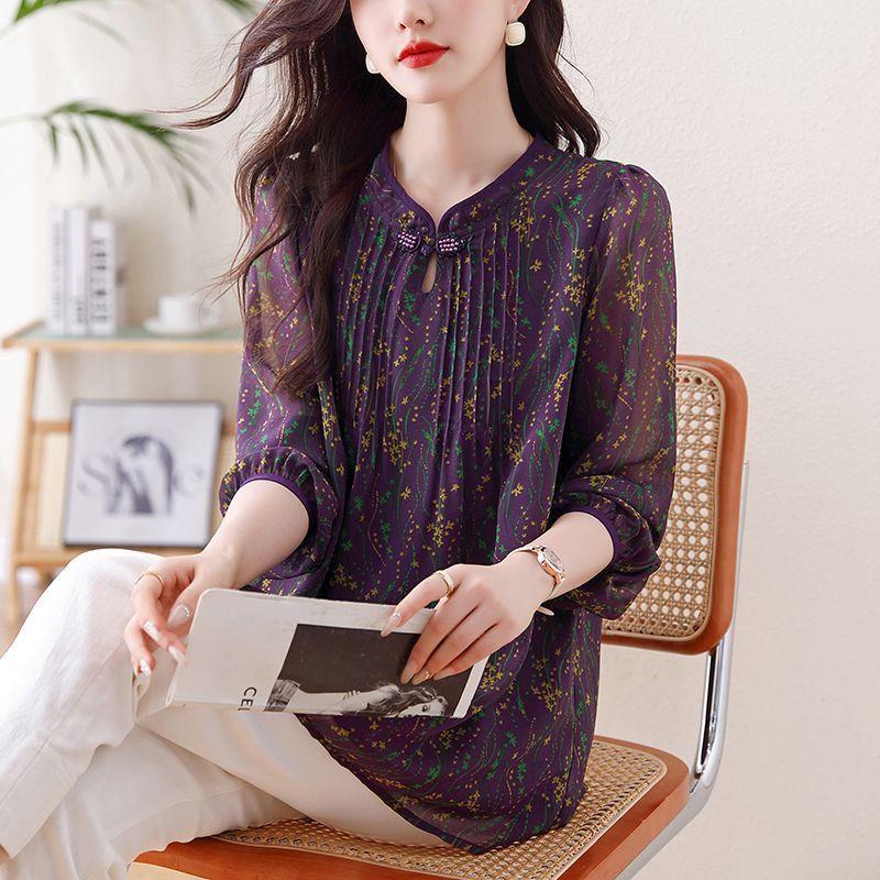 Plus Size Spring Summer Elegant Floral Printed 3/4 Sleeve Blouse Female Loose Casual All-match Shirt Women Chiffon