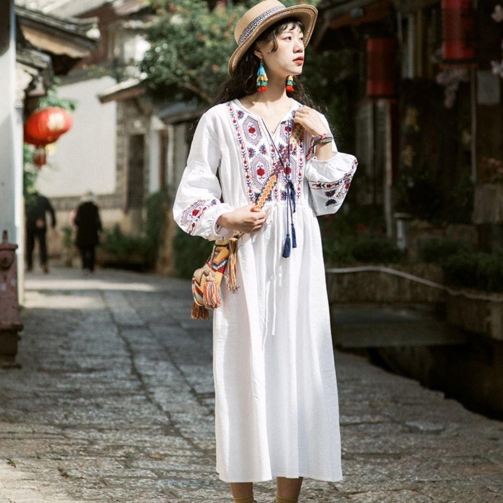

Xizang Yunnan long dress embroidered cotton and linen white dress vacation travel dress super fairy travel women s new m 45-52.5kg