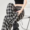 Karierte High-Waist Weitbeinige Freizeithose für Damen mit Spitzenbesatz