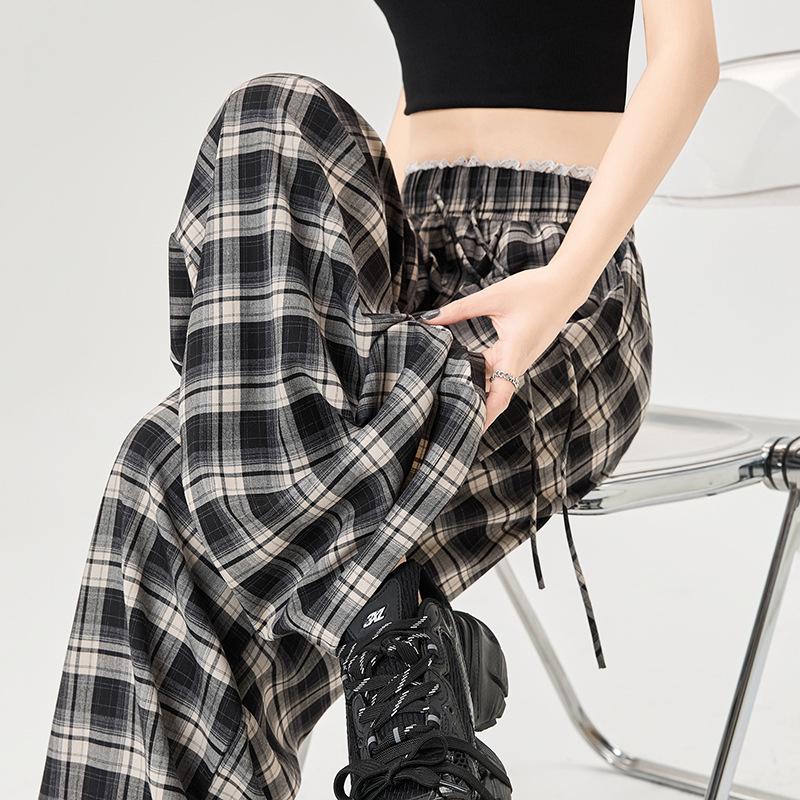 Karierte High-Waist Weitbeinige Freizeithose für Damen mit Spitzenbesatz