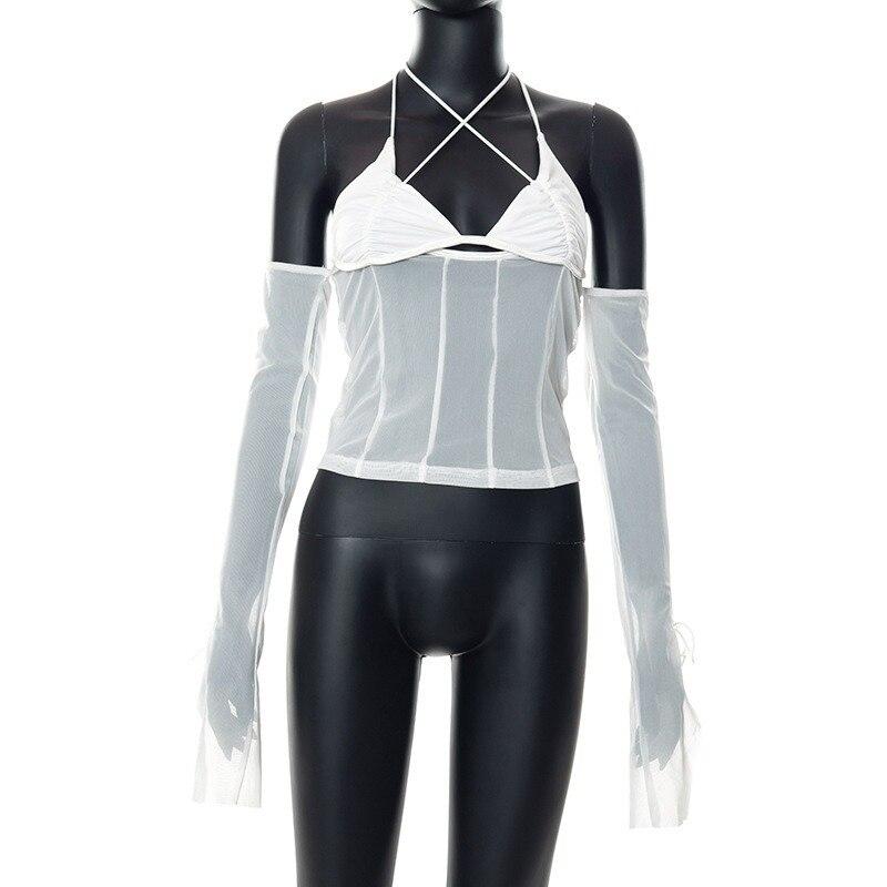 Cyber ​​Sexy Summer Halter Tops Tmavé Y2k Punk Mesh Průsvitná trička Dámské Šněrovací Techwear Černé Patchwork Split Clothes 20694