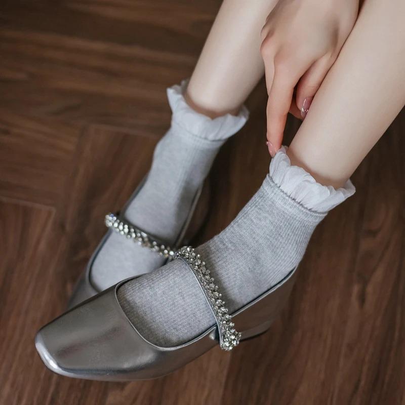 Princess Socks Women Cotton Knitted Breathable Black White Gray Low Tube Socks JK Sweet Girl Lolita Kawaii Cute Ruffle Socks Sox
