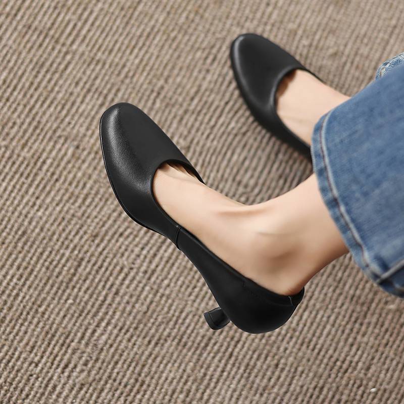 Krazing Pot Cow Skin round Toe stiletto Med Heels Summer Shoes Big Size 42 Beauty Lady Women Shallow Pumps