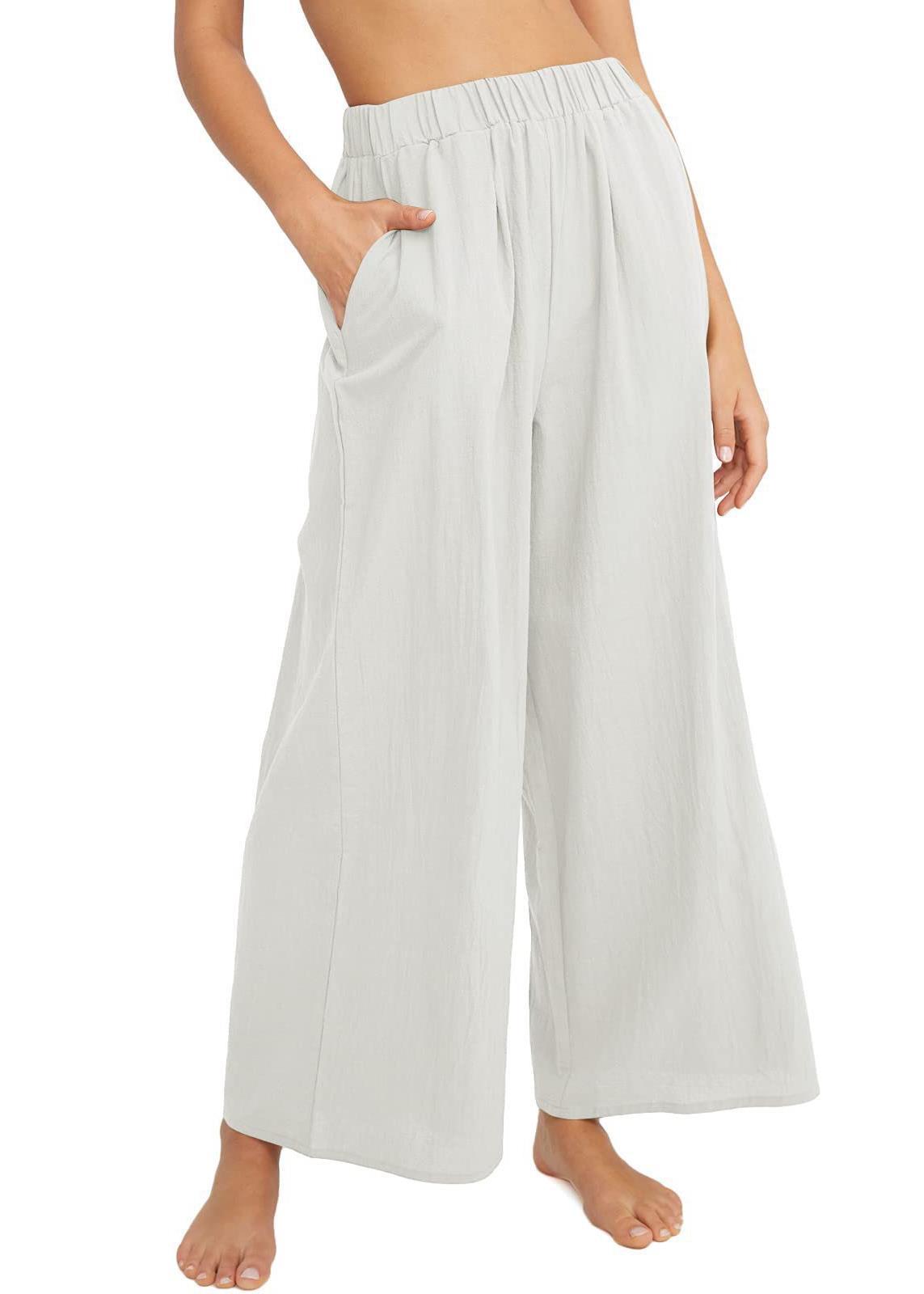 Women S High Waist Loose Wide Leg Casual Cotton Linen Pants S