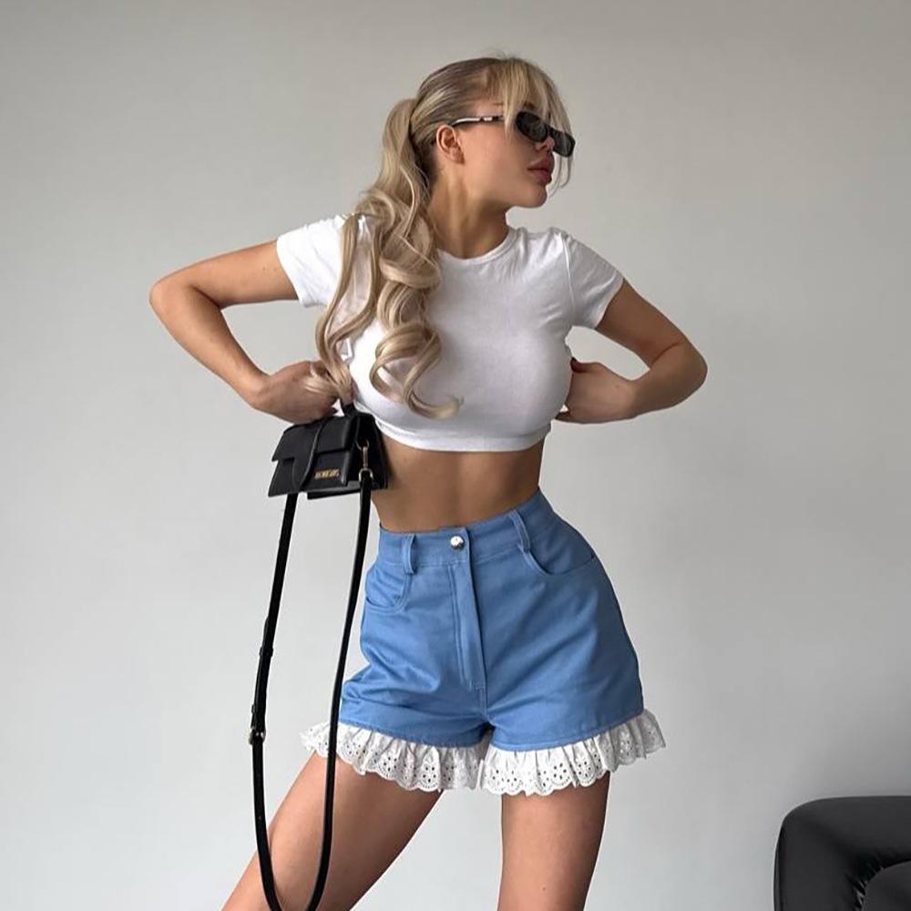 Summer Blue Denim High-Waisted Shorts Lace Splicing Women'S Hot Pants Jean Shorts