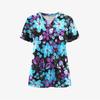 Scrubs Medical Uniforms Woman Fashion Floral Print Dental Nurse Tops V-Neck Short Sleeve Patch Pocket Tees Nurse Uniform Woman