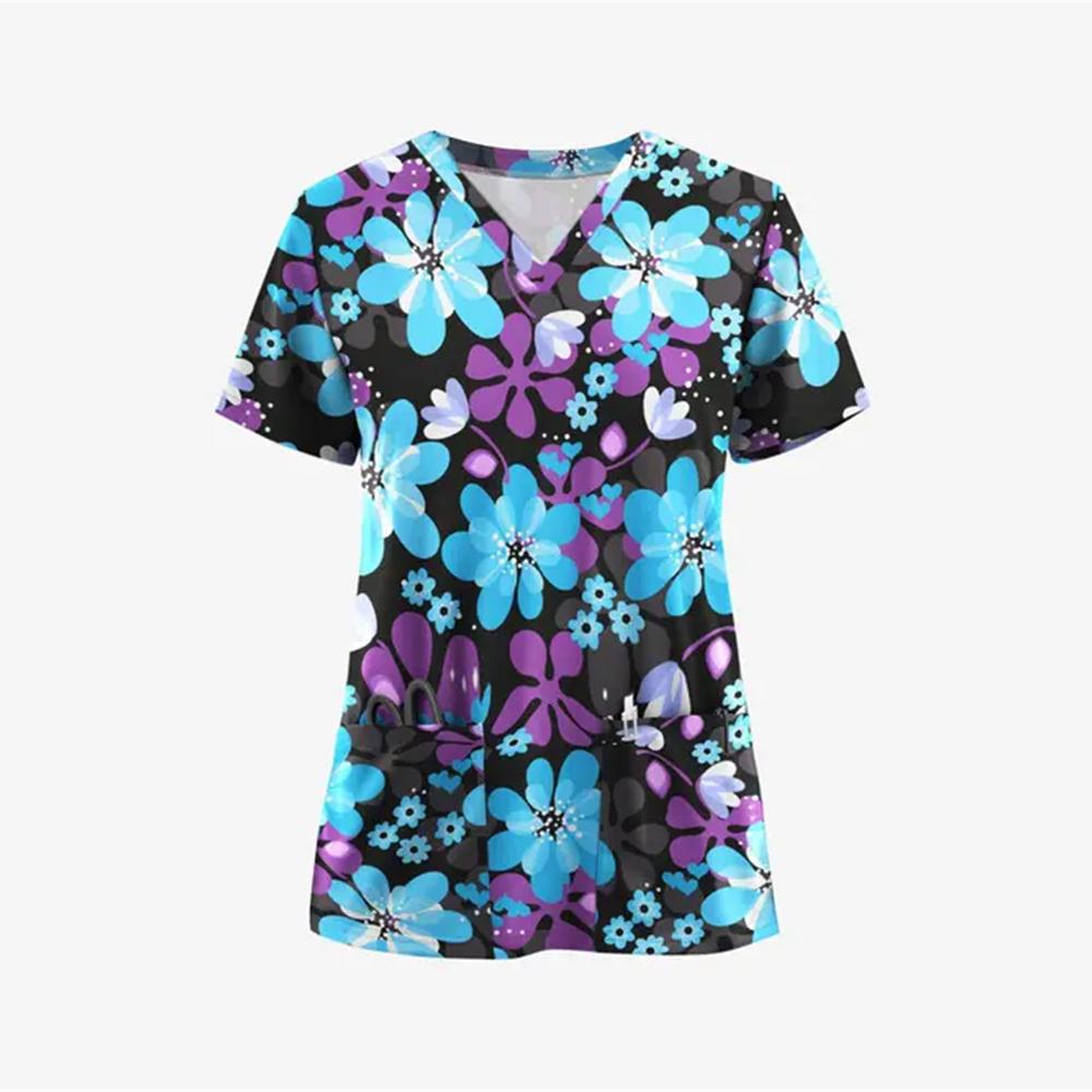 Scrubs Medical Uniforms Woman Fashion Floral Print Dental Nurse Tops V-Neck Short Sleeve Patch Pocket Tees Nurse Uniform Woman