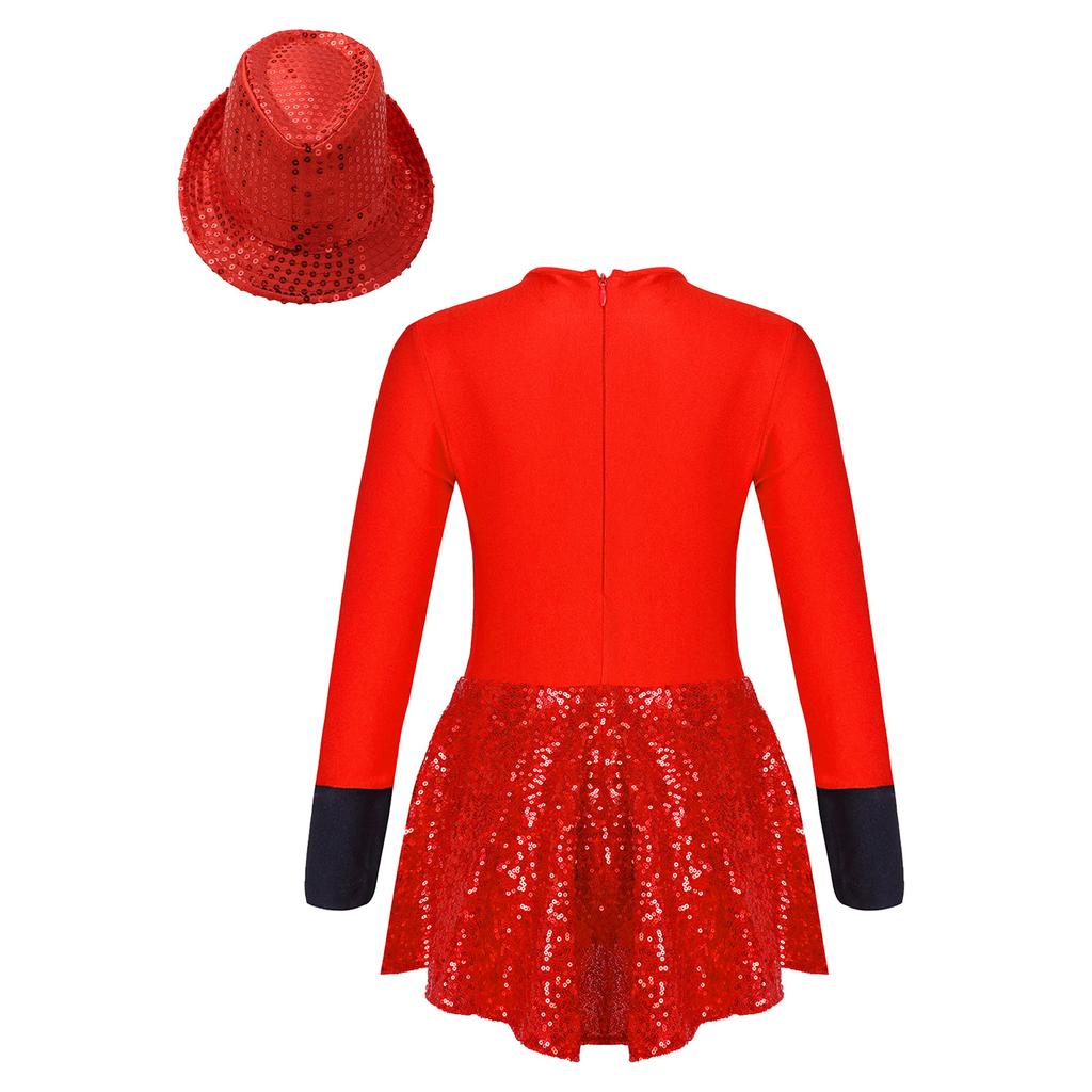 Dívčí flitrovaný leotard s dlouhým rukávem, kulatým výstřihem, patchworkovým designem a zapínáním na zip, flitrovaný klobouk fedora, převlekový kostým