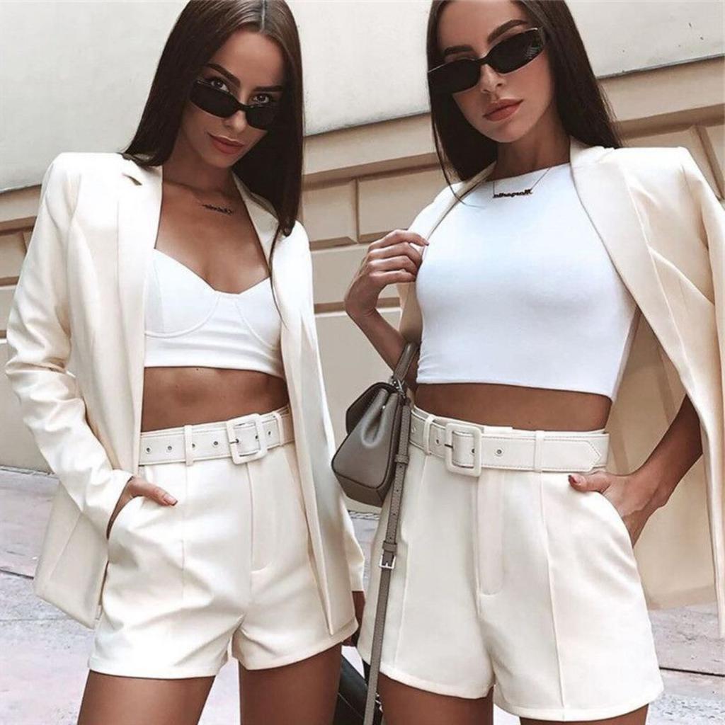 Women's Slim Fit Two Piece Suit Lapel Long Sleeve Blazer High Waist Belted Short Co-ord Outfit Set