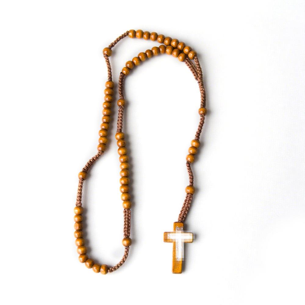 In Stock: Handmade Natural Wood Bead Rosary Necklace with Cross