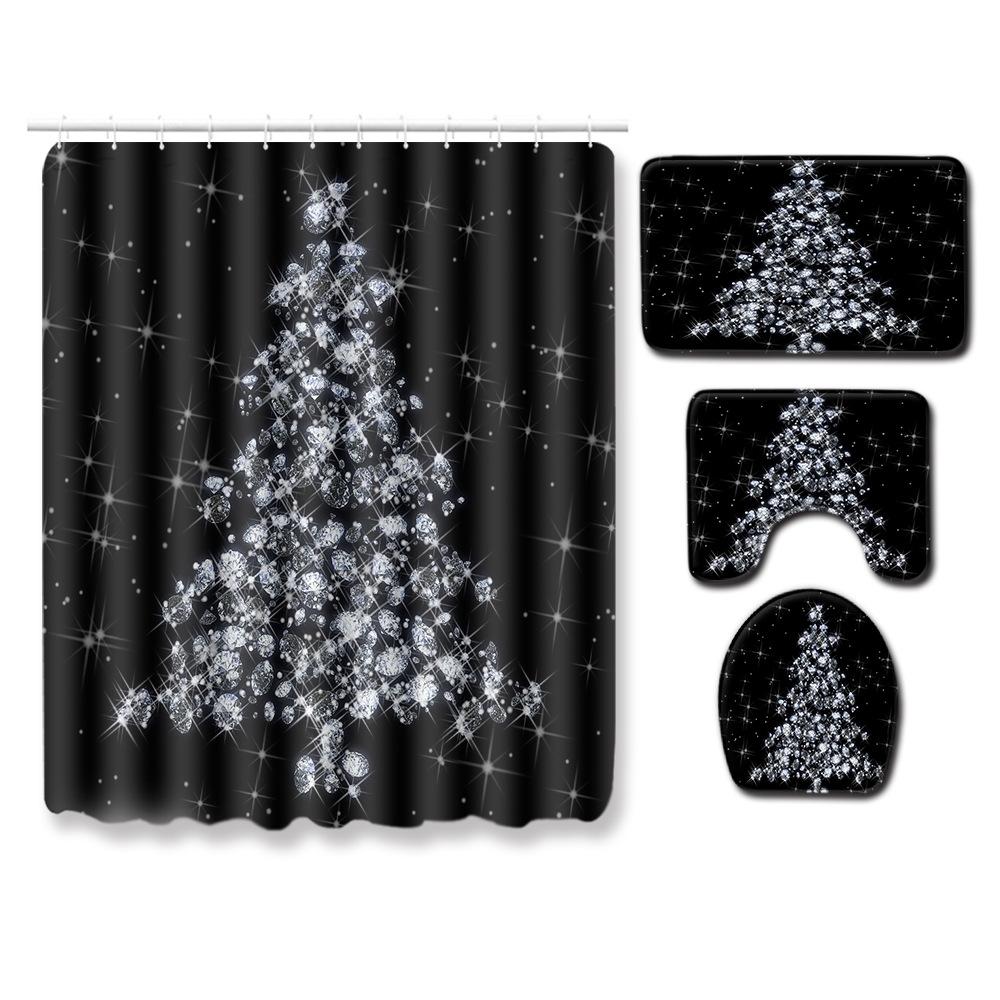 Christmas Shower Curtain Floor Mat Combination Four-Piece Set Bathroom Toilet Carpet Shower Room Mat Foot Mat