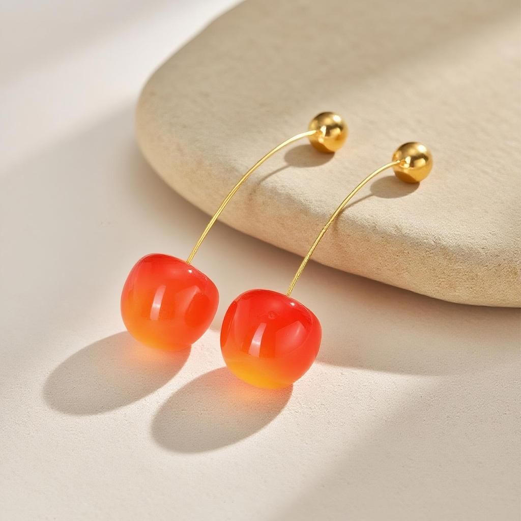Chic Solid Beads Cherry Earrings for Women,Gold Plated Stainless Steel Earrings,Trendy Party Jewelry Mother's Day Gift