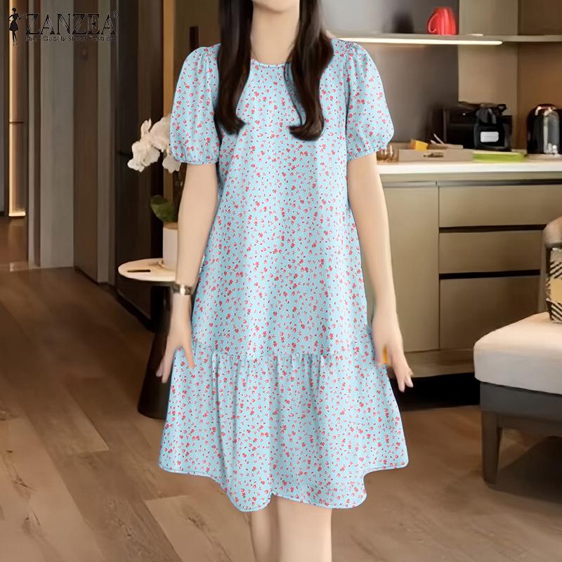 ZANZEA Women Casual Round Neck Summer Short Sleeve Floral Dress