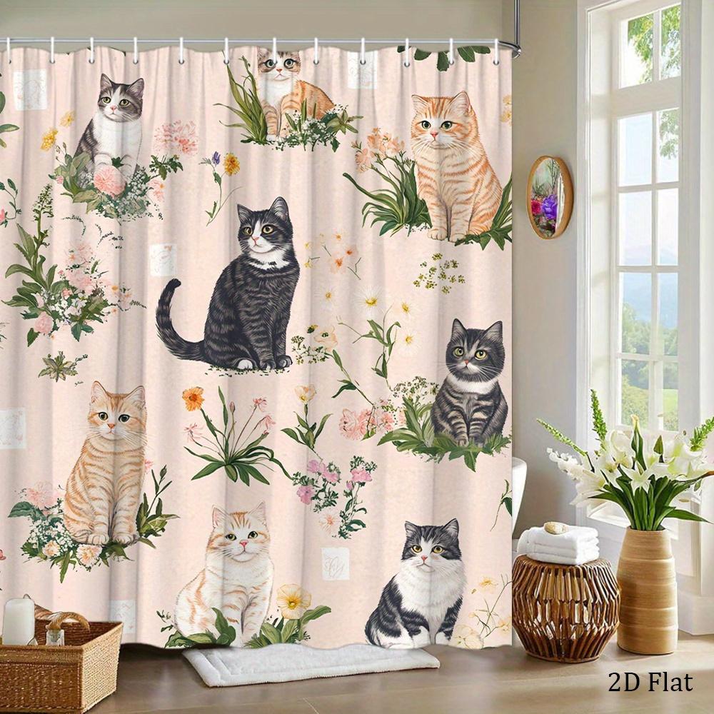 1 Stück Skuriler handgezeichneter Katzen-Duschvorhang mit Rosen, Gänseblümchen & Lilien auf Hellrosa - 70,8x70,8 Zoll Polyester Badezimmerdekoration