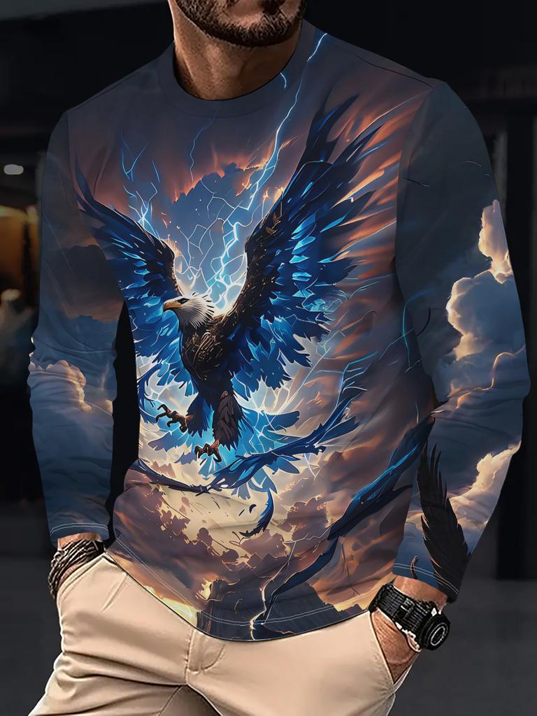 This men's long-sleeved T-shirt features an electric blue eagle design, giving it a stylish and cool look.
