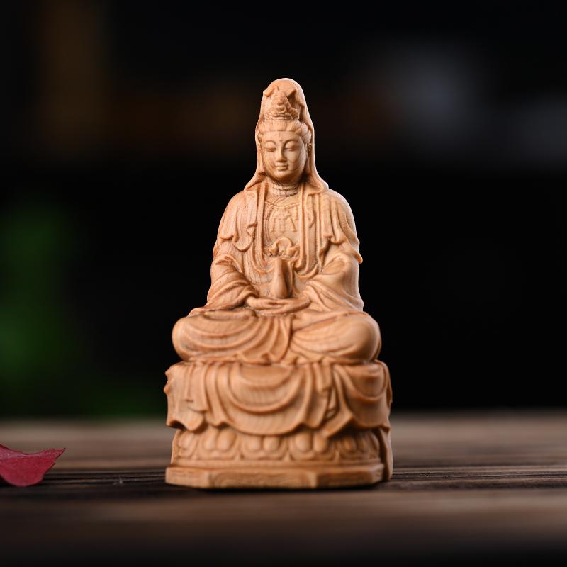Minimalist Solid Wood Guanyin Statue Hand Carved Wooden Ornament for Home Living Room Interior Decoration