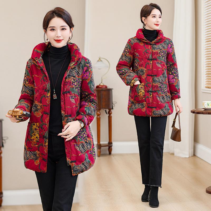 New Women's Cotton Jacket, New Chinese Mid-length Padded Jacket, Fleece Winter Jacket, Thickened Cotton Jacket