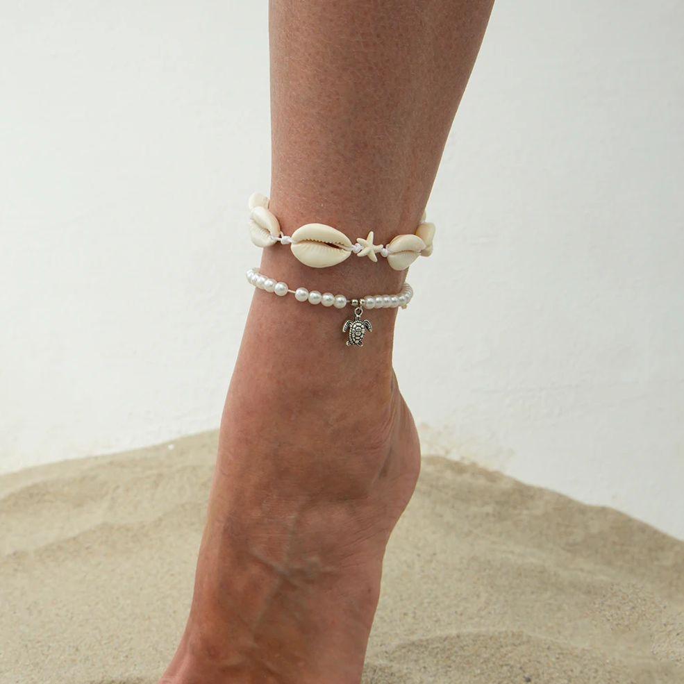PuRui Retro 2Pcs/Set Imitation Zircon Anklets Women Barefoot Summer Ocean Beach Mini Small Turtle Pendant Zircon Accessories