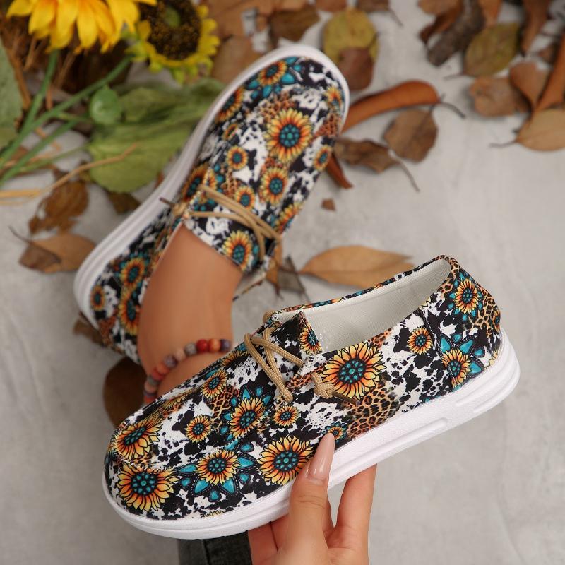 Women Flats Sneakers Spring Autumn Shoes Fashion Canvas Print Flat Shoes Women Lace Up Outdoor Casual Big Size Sneakers Women
