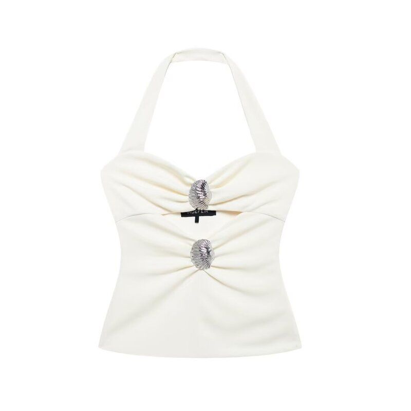 Fashion Wind 2024 New Fall Women's Clothing Stylish Easiest for Match Shell Inlaid Hanging Collar Tops 4764010