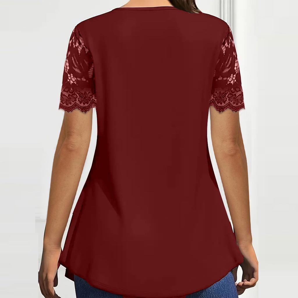Women's Solid Color Lace V-neck Short Sleeved Casual Top
