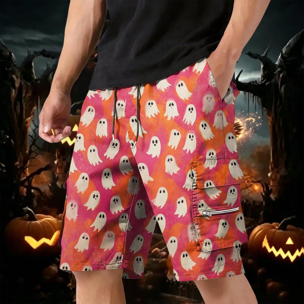 Men's Halloween Cargo Shorts with Multiple Pockets, Drawstring Waist, Casual Work Shorts for Costume Party, Summer Outdoors, Beach, Hiking, Daily Wear
