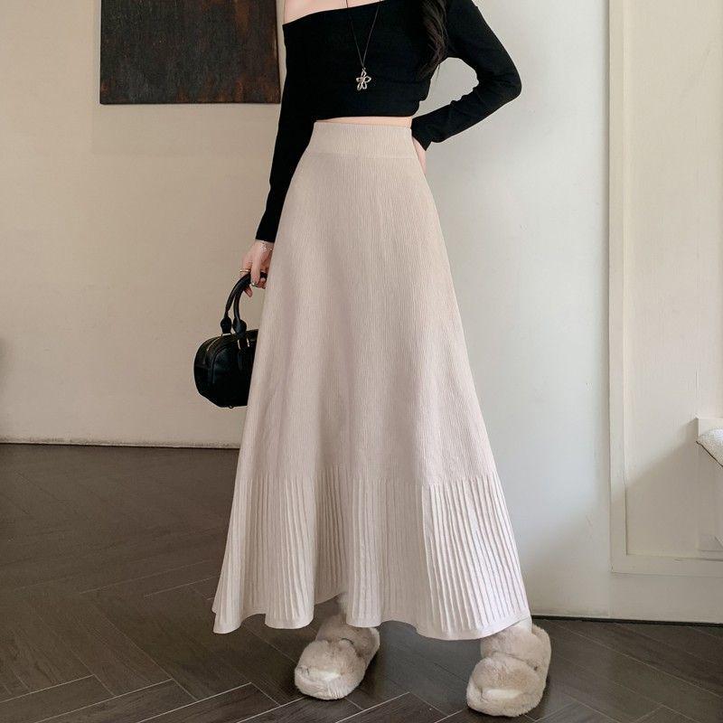High Waist Autumn/Winter Pleated A-line Knit Skirt with Slimming Design