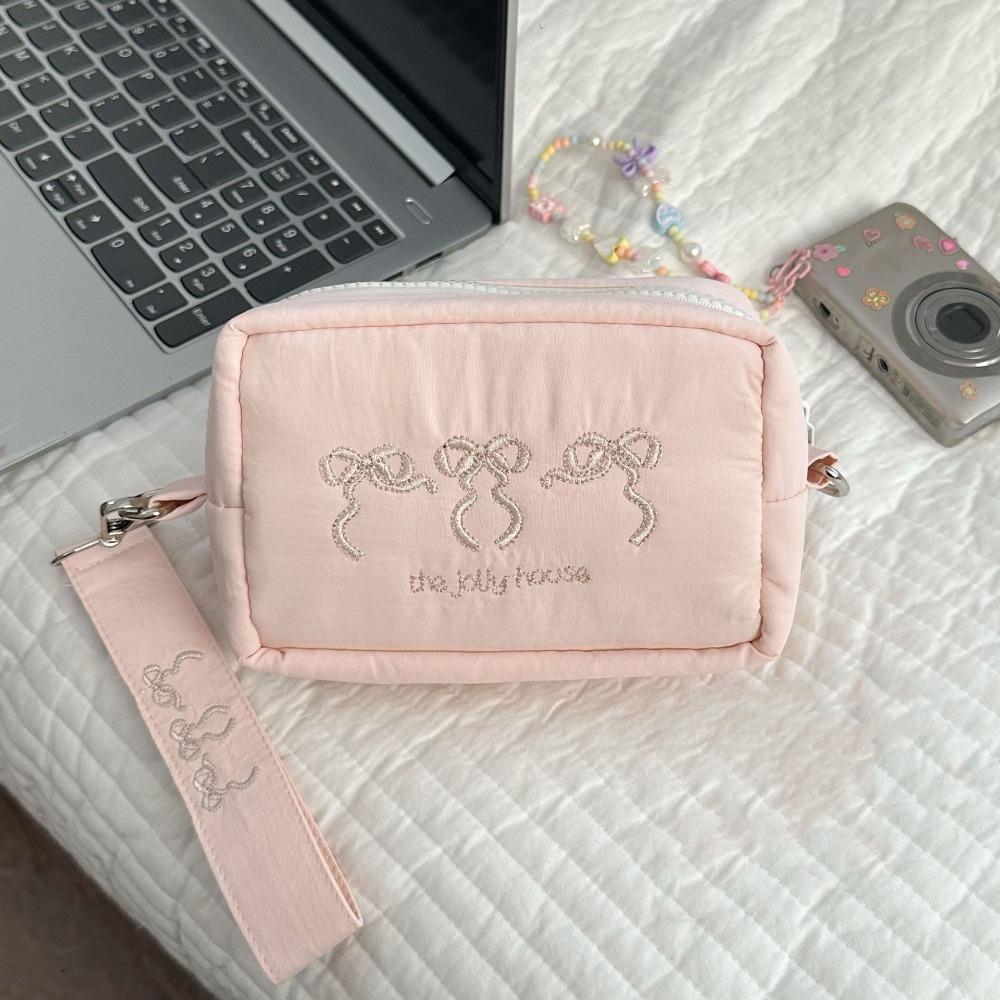 Keychain Zipper Wristlet Wallet With Lanyard Embroidered Bow Makeup Bag Nylon Coin Pocket  Outdoor