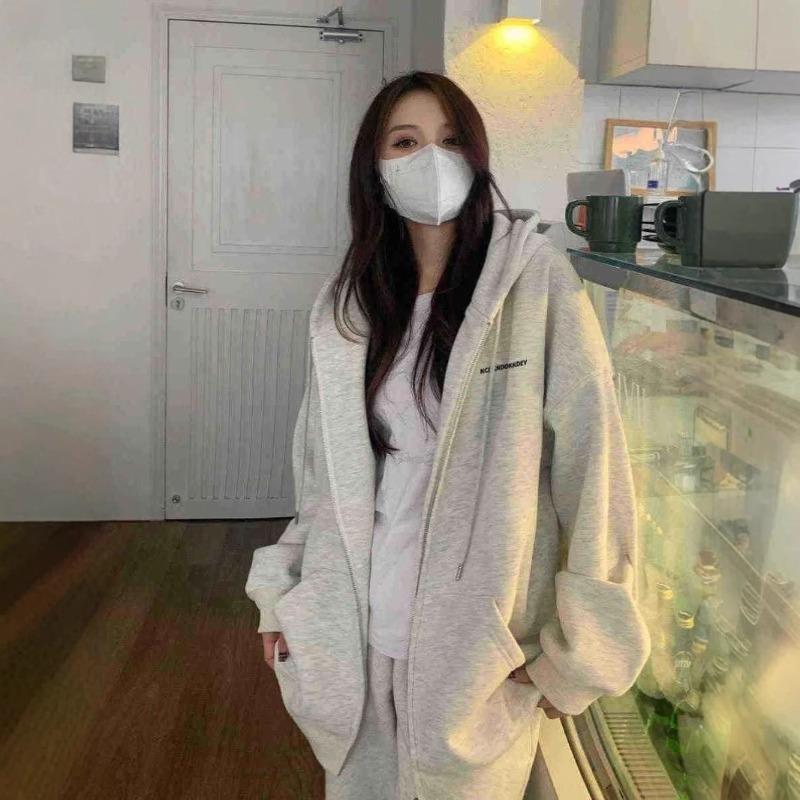 Autumn Winter Loose Casual Letter Printing Zipper Cardigan Hoodies Women Vintage All-match Hooded Outwear Top