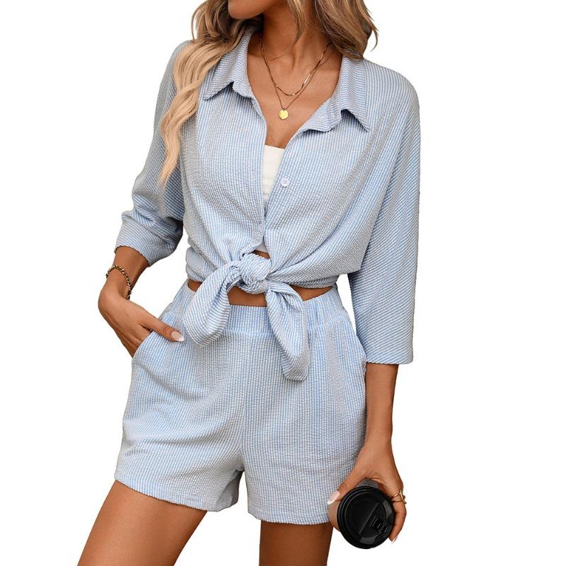 Women s Blue Striped Button-Down Shirt High Waist Shorts 2-Piece Set S