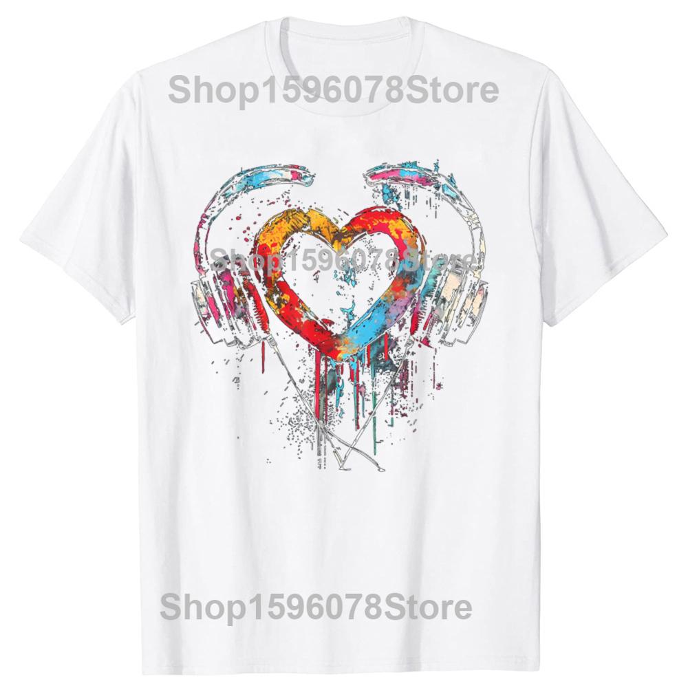 Funny Headphones Music DJ Artwork Heart Music Lover Techno EDM T Shirts Humor Tee Shirt Short Sleeve Unisex Loose Clothing