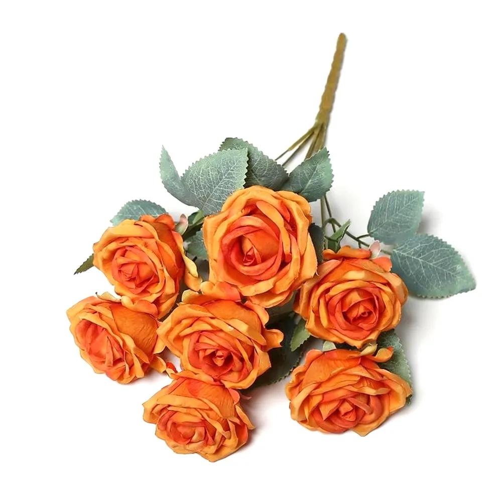 7 Heads Rose Artificial Flower Multicolor Rolled Edge Faux Flower Photo Props Green Leaves Flower Bouquet Wedding Ornament
