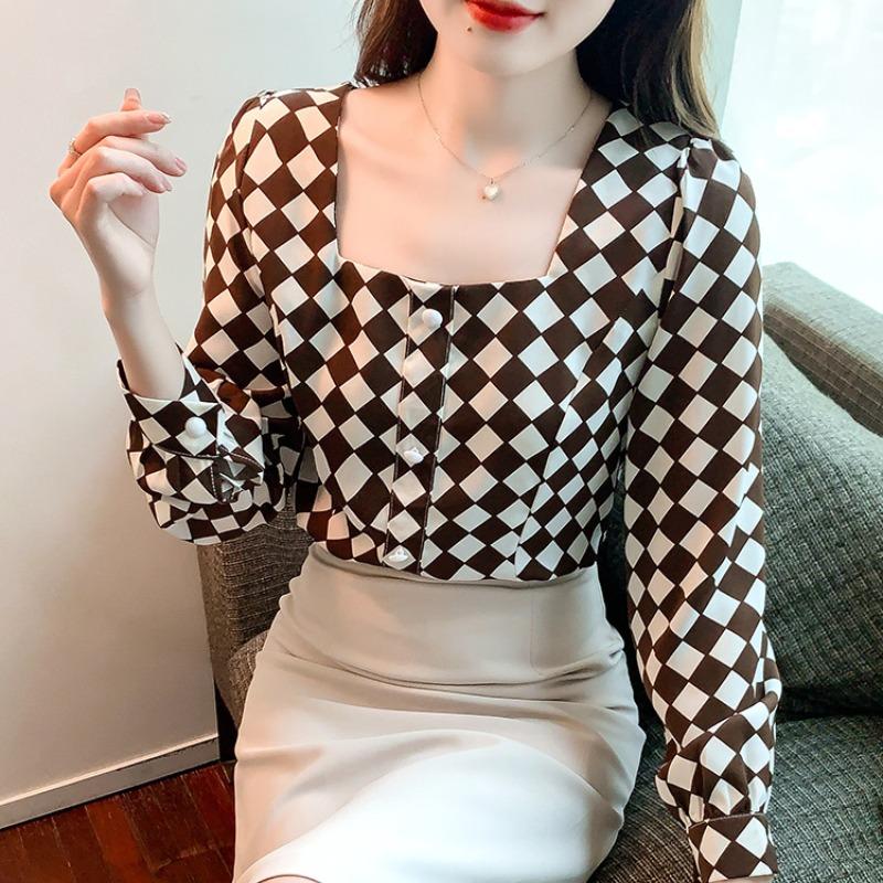 Temperament Square Neck Long Sleeve Retro Casual Shirt Women Fashion Tops Button Up Elegant Loose Blouse for Women Simple Slim Fit Shirts Woman 26350