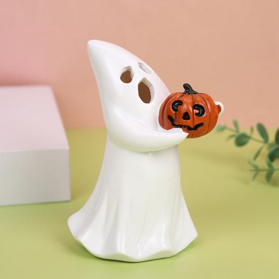 Halloweenská figurka duch Bílý duch držící dýni Kočka Strašidelná pryskyřičná ozdoba Rytá Halloweenská dekorace