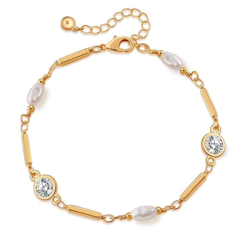 Geometric Zircon Pearl Bracelet Women 18K Gold Plated Titanium Steel Minimalist Elegant Jewelry TYHT4N2
