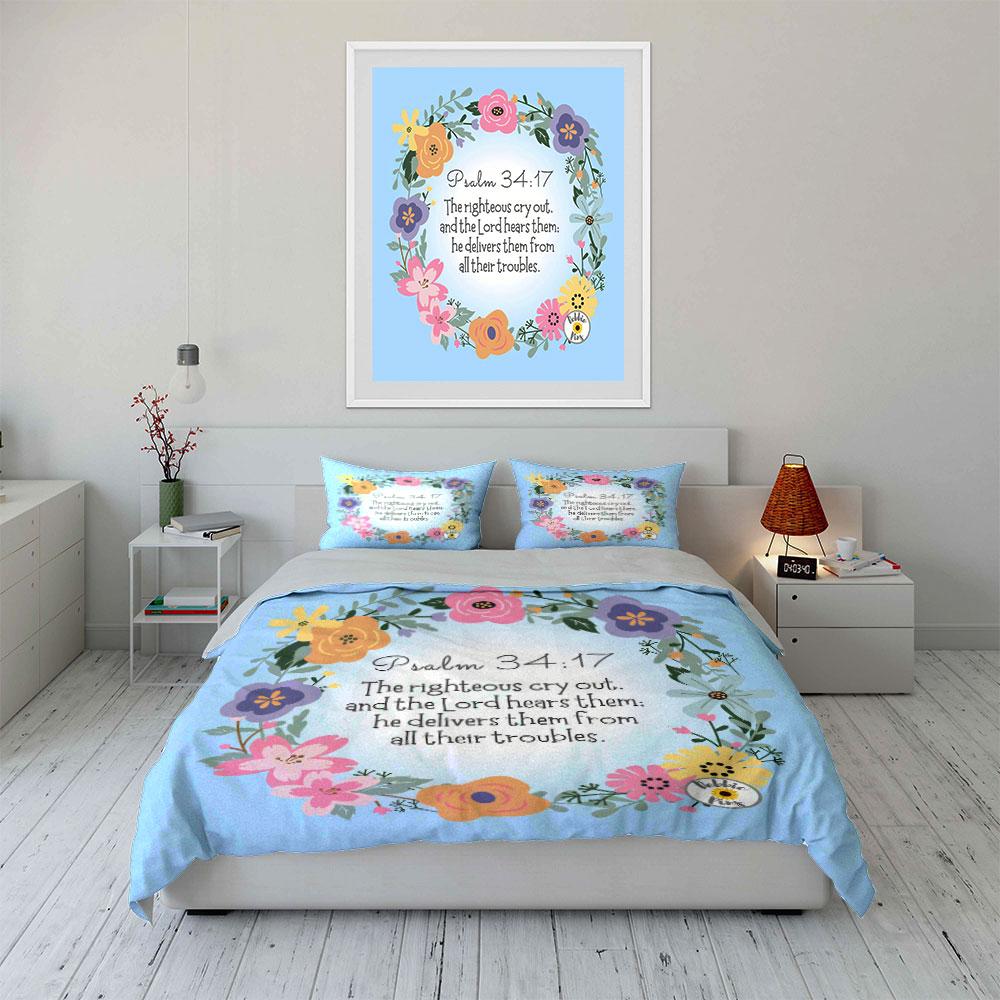 Inspirational Psalm Floral Design Set  Kid's and Adults' Bedroom Decor, Exquisite Three-piece Bedding Set Gift
