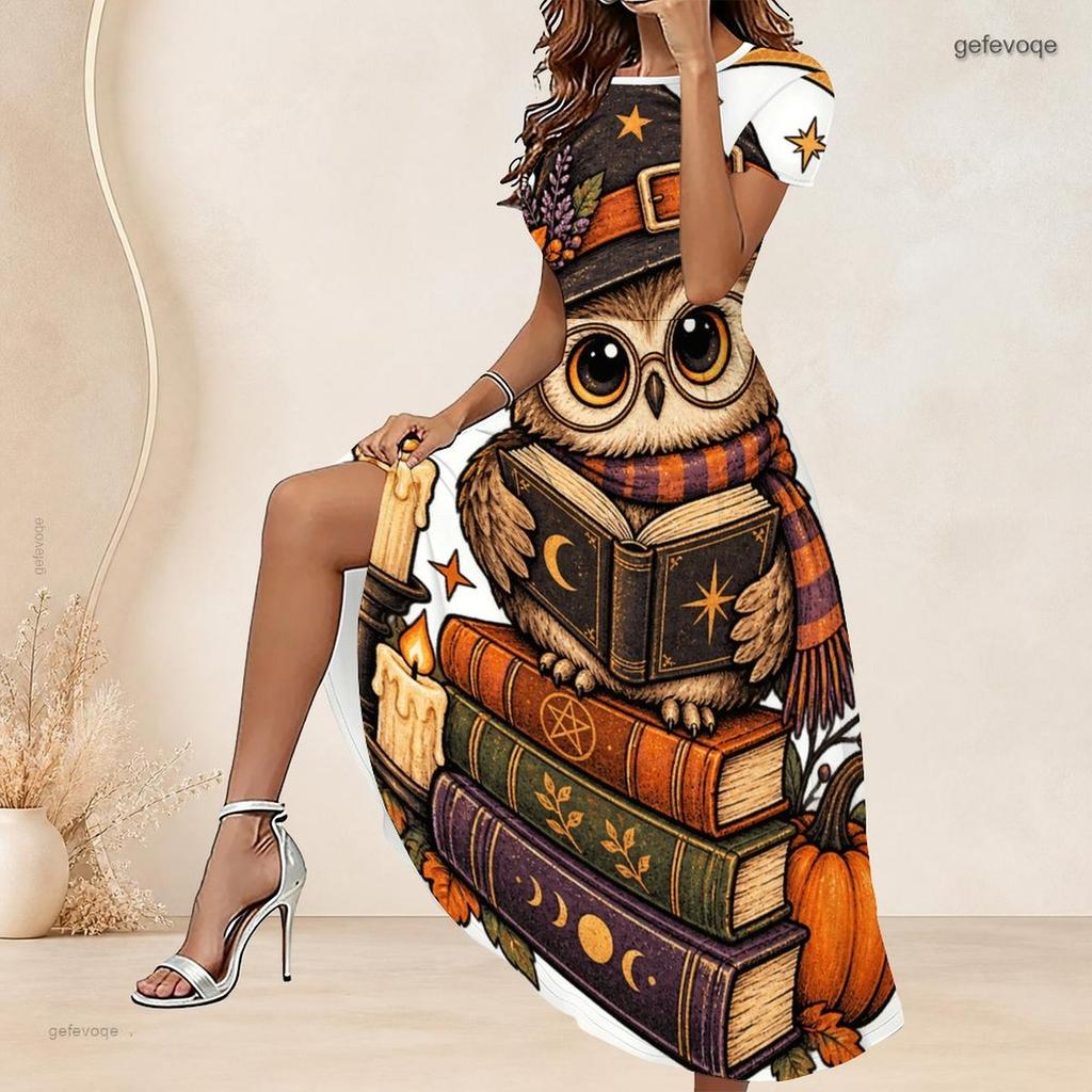 Women Plus Size Round Neck Short Sleeve Printed A Line Long Dress Halloween Raccoon Pumpkin Pattern