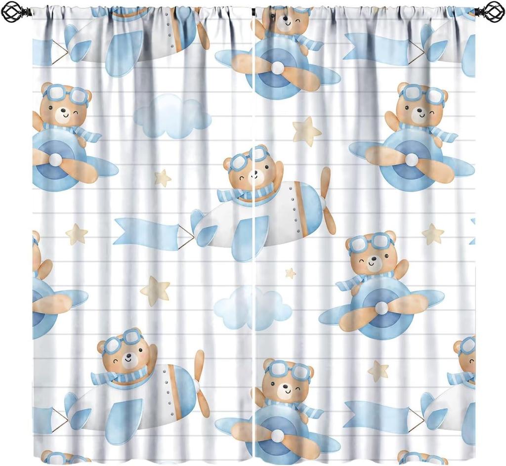 Cartoon Blue Bear Curta For Boys,Watercolor Little Cute Animal Aircrafts Hot Air Balloons Rainbow Window Drapes For Baby Boys