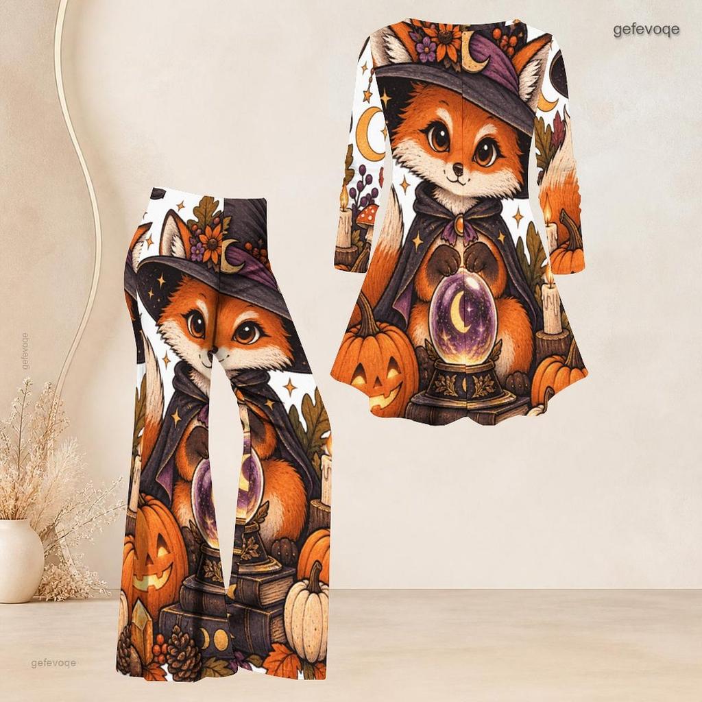 Kadın Plus Beden Yuvarlak Yaka Üç Çeyrek Kol Cadılar Bayramı Panda Hayalet Baskılı Bol Üst ve Bol Pantolon İki Parça Set