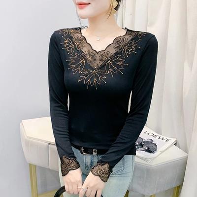 Autumn Winter New Style Mesh Hot Diamond T-shirt Top V-neck Lace Slimming Slim Bottoming Shirt for Women with Western Style