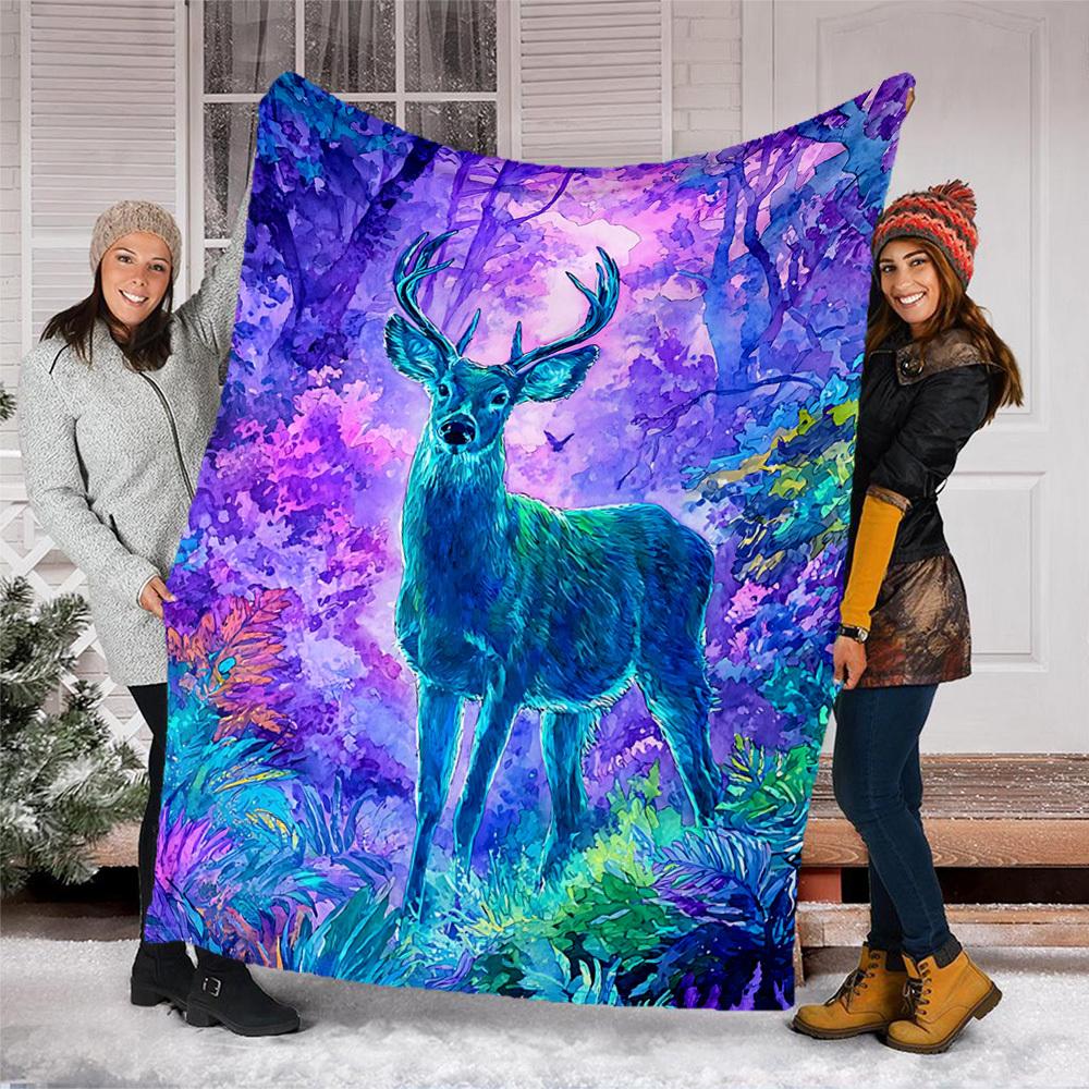 1pc Deer Fantasy Forest Throw Blanket Polyester Fiber, Lightweight Flannel, Soft & Warm, All Season Use for Outdoor, Camping Digital Print