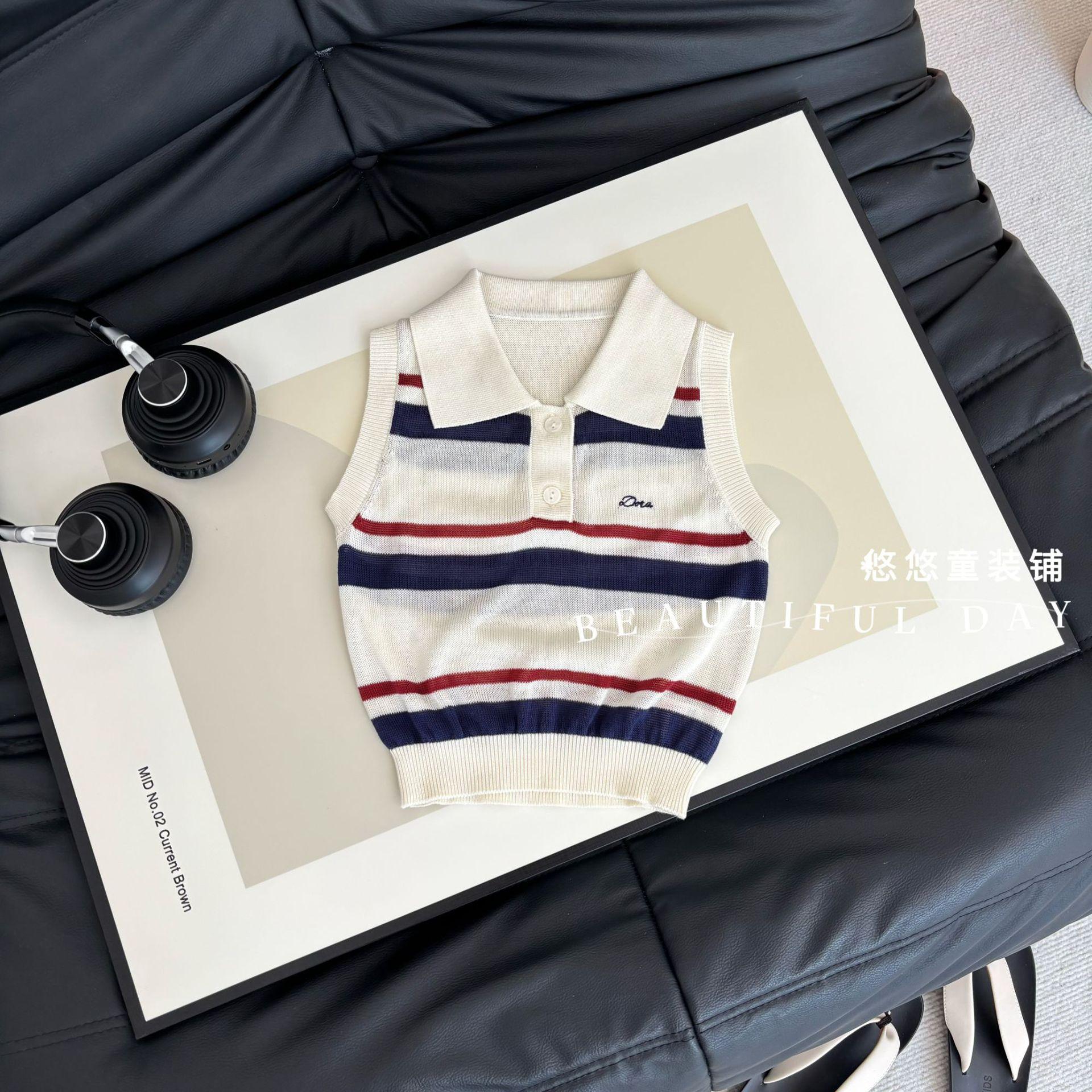 Girls Retro Striped Knit Vest Sleeveless Cardigan Stylish Children Outerwear Waistcoat 90