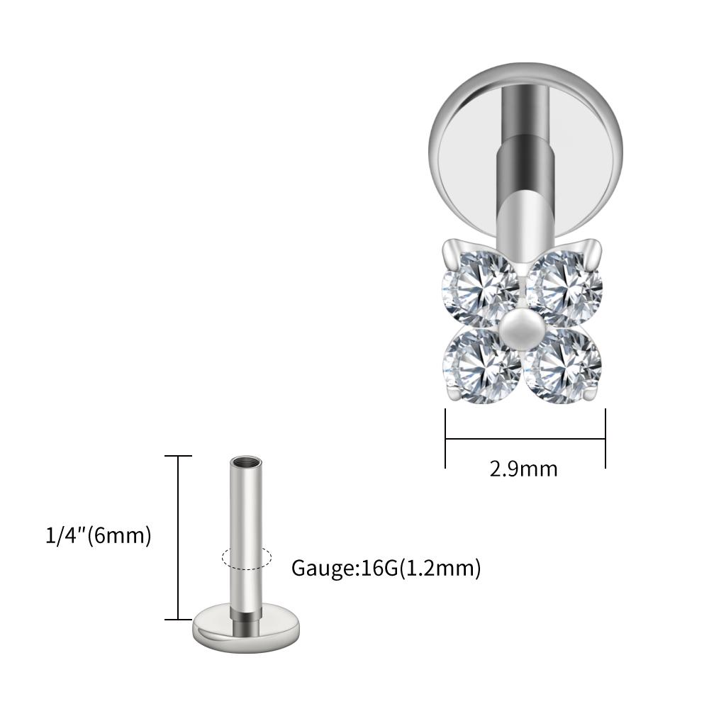Right Grand ASTM F136 Titanium Flower CZ Cartilage Earring 16G Four Leaf Helix Tragus Stud Flat Back Labret Piercing Jewelry