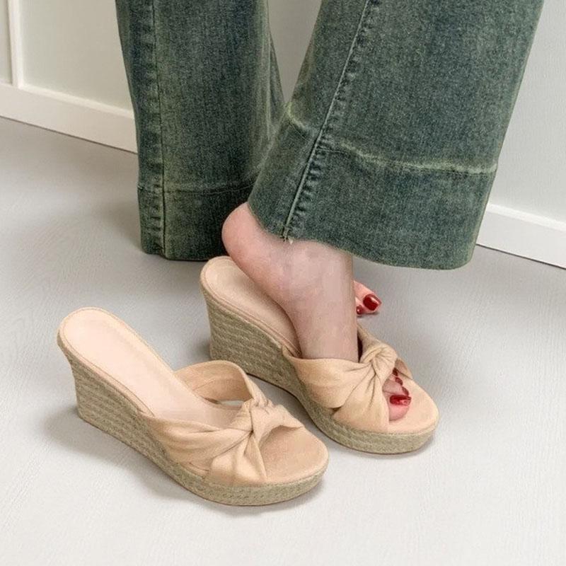Fashion Women's Thick Bottom Slippers Summer Outdoor Wear Roman Straw Weave Wedges High Heels Sandals Casual Heightening Brown Slides